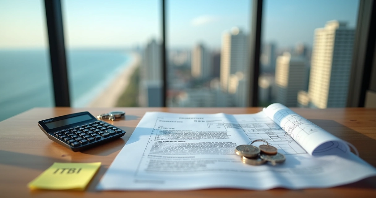 Mesa com contrato de imóvel, calculadora e vista parcial de Balneário Camboriú ao fundo 