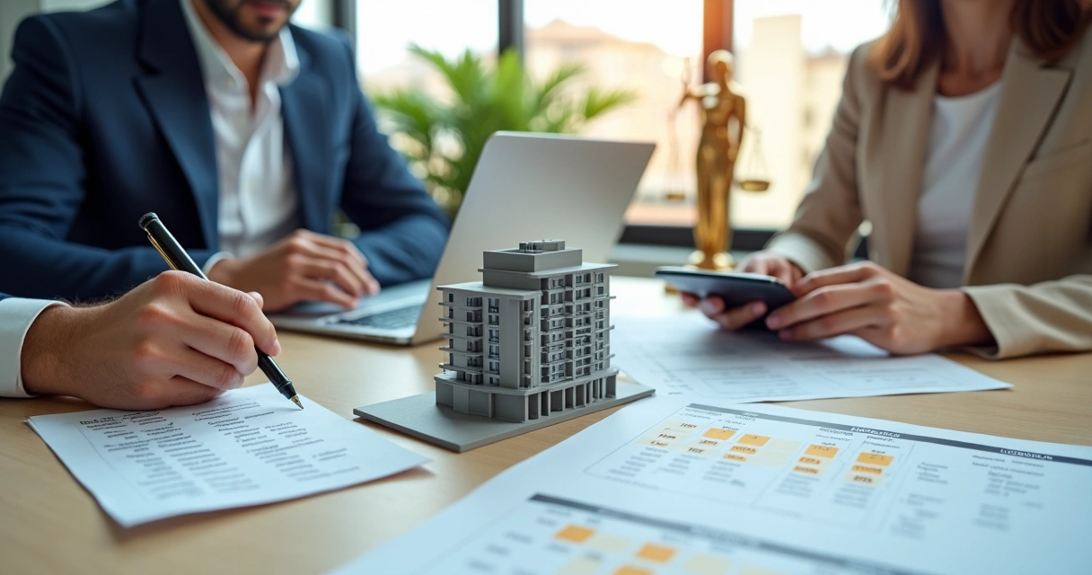 Advogados analisando cálculo de ITBI com maquete de imóvel e símbolo da justiça 