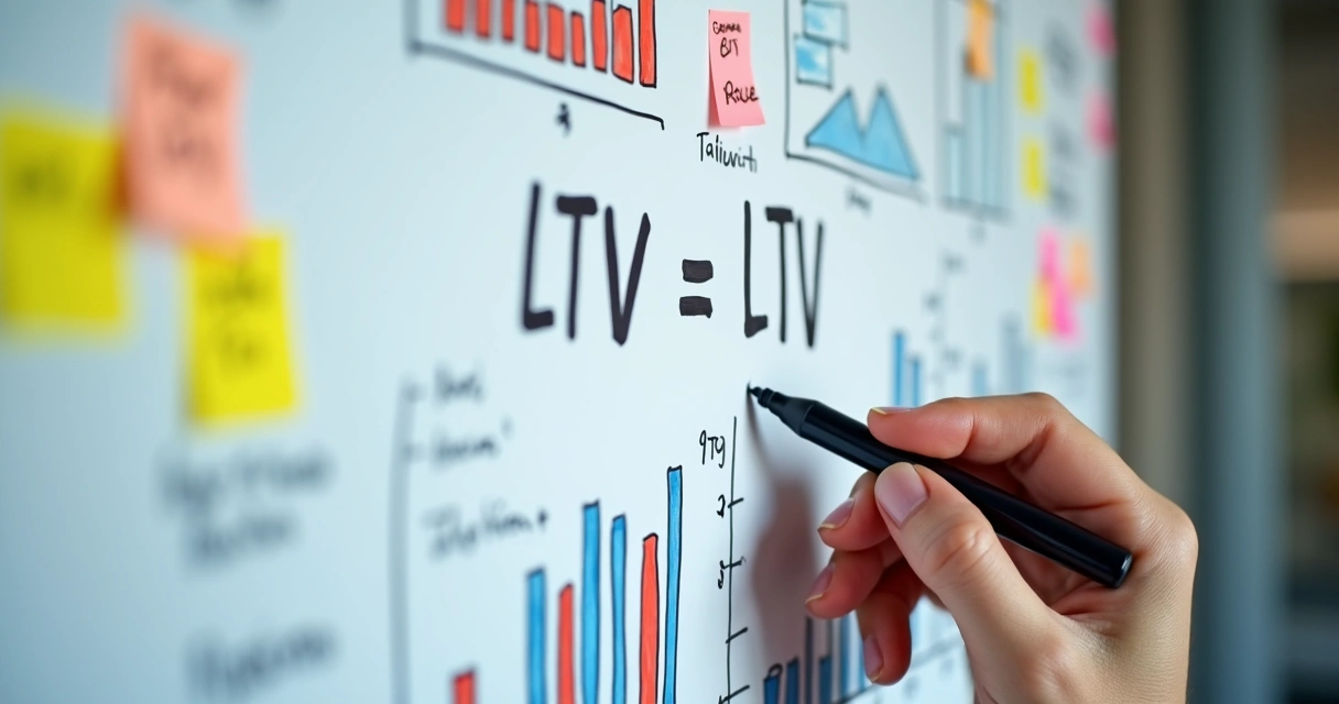 Fórmula de LTV em quadro branco com gráficos de clientes