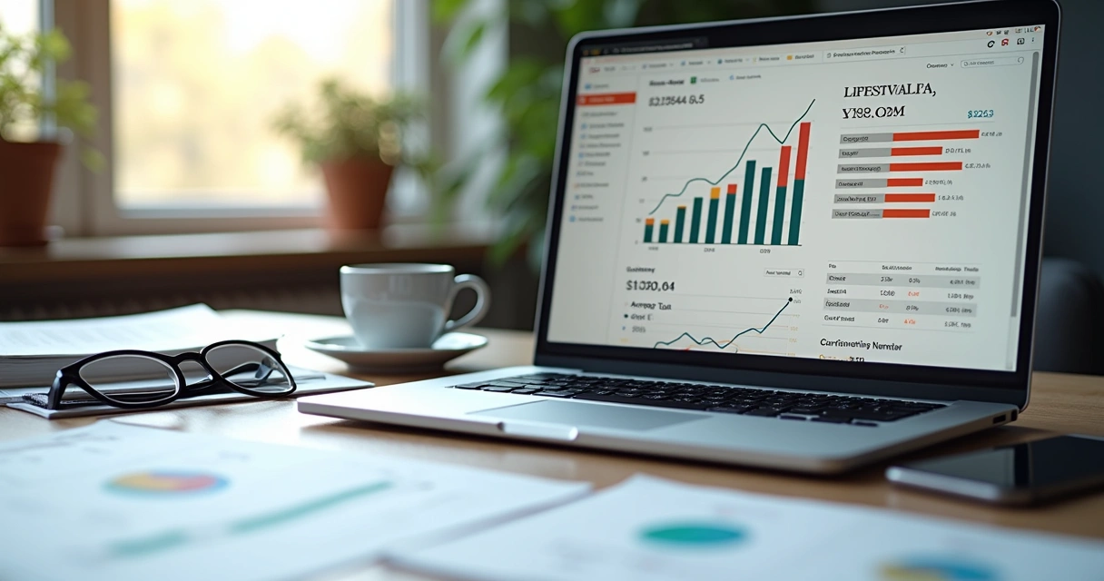 Tela de computador mostrando gráficos e cálculos financeiros relacionados ao LTV em ambiente de escritório moderno 
