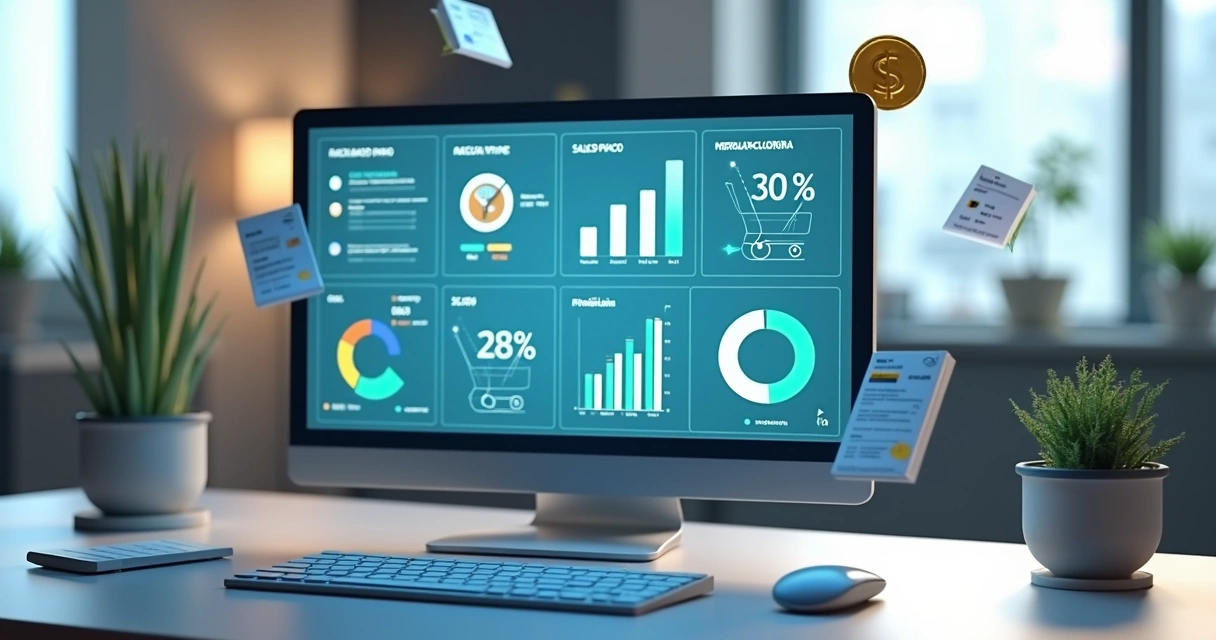 Painel 3D mostrando cálculo detalhado de lucro com gráficos, taxas e custos do Mercado Livre 