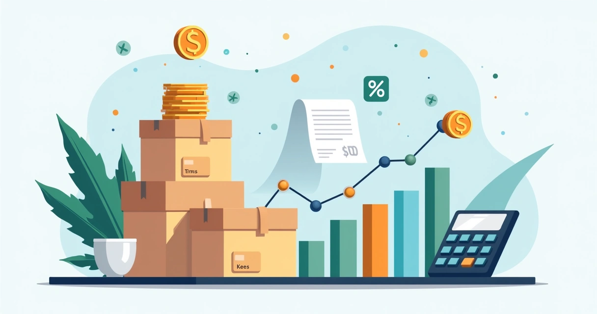 Como calcular seu lucro real no Mercado Livre em 2026 1 Ilustração de cálculo de lucro com caixas, moedas e gráficos