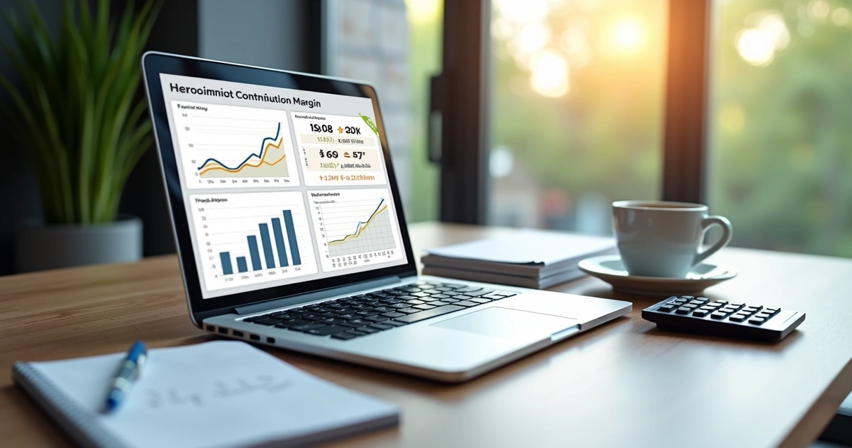 Computador com tela exibindo gráficos financeiros e cálculos de margem de contribuição para produtos em marketplace