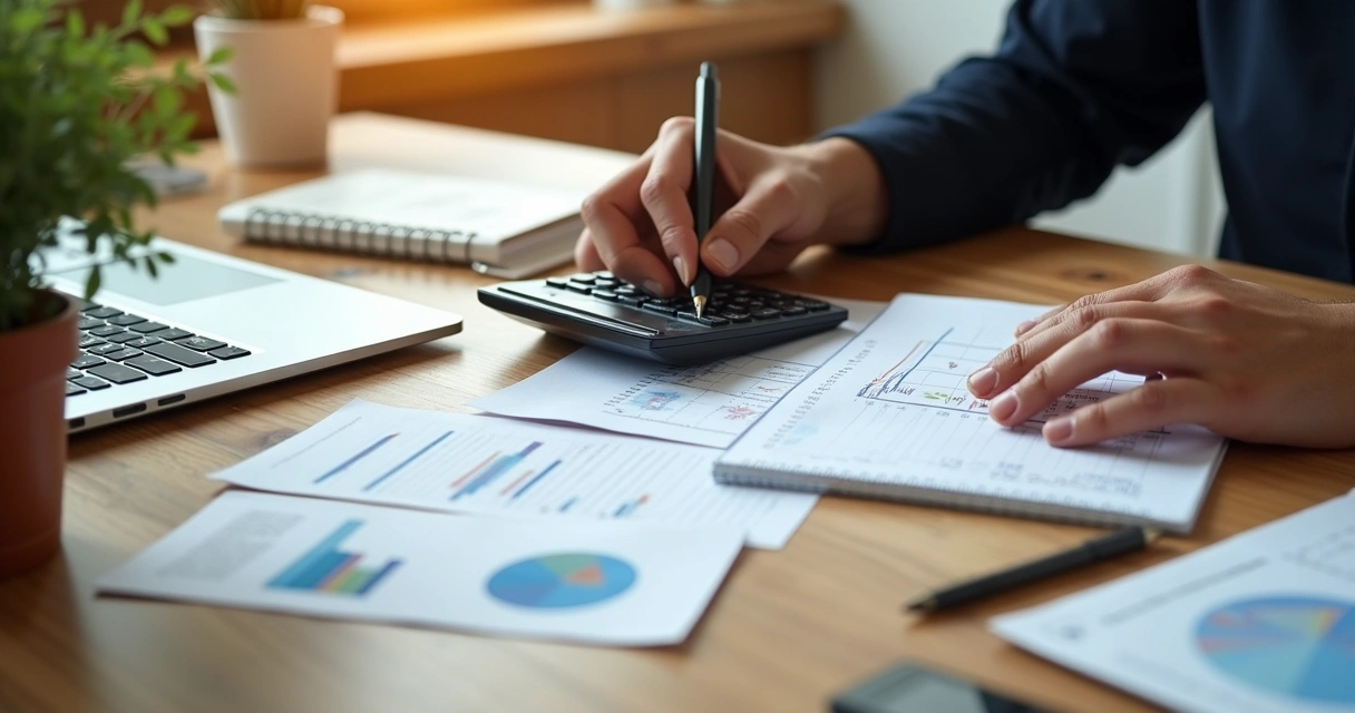 Cálculo financeiro com mãos usando calculadora, bloco de anotações e lista de custos