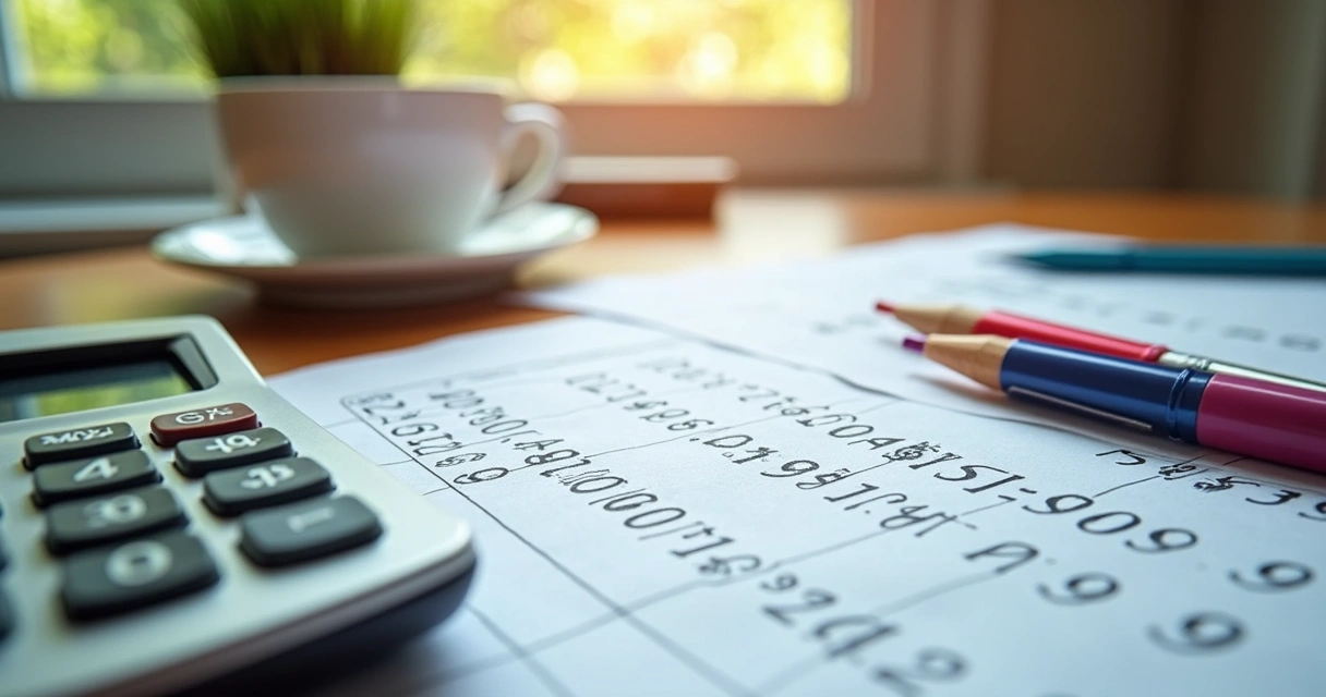 Calculadora e papéis ao lado de tabela com margens de lucro 