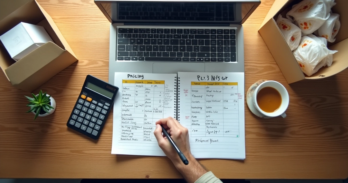 Planilha com cálculo de markup ao lado de embalagem de delivery 