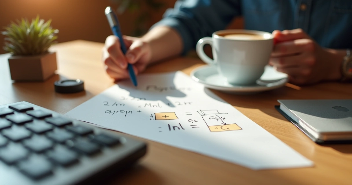 Pessoa fazendo cálculos financeiros com calculadora e anotações à mão 