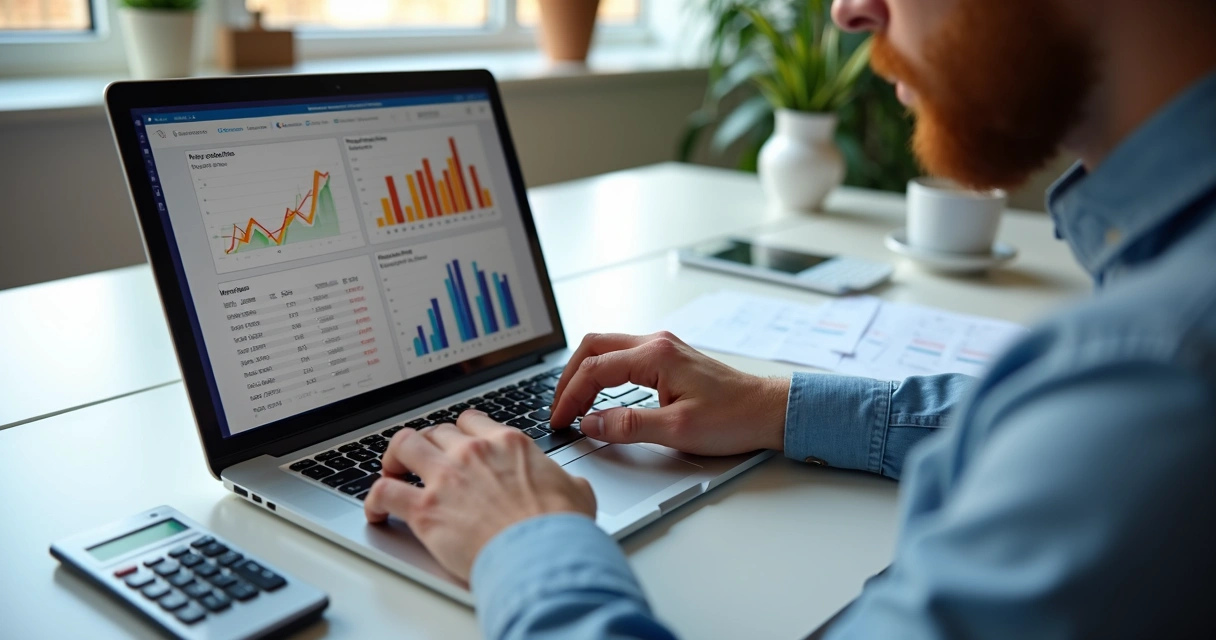 Pessoa analisando cálculos financeiros em notebook com gráficos e planilhas abertas sobre precificação e markup