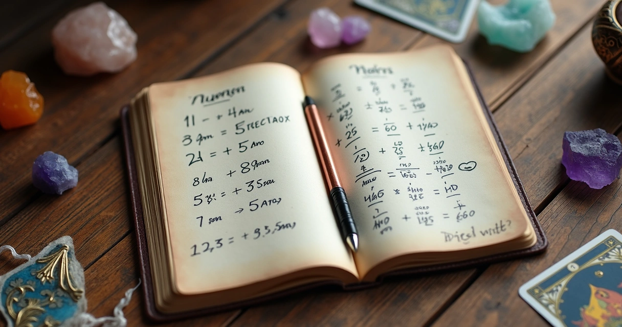 Caderno aberto com cálculos à mão e cristais ao redor 