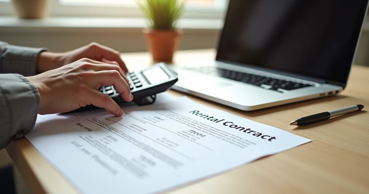 Pessoa calculando multa contratual em calculadora com contrato ao lado. 