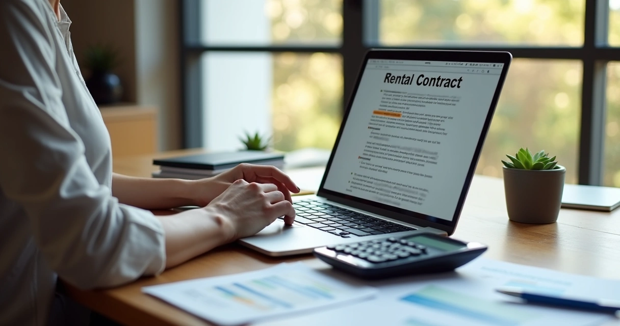 Pessoa usando computador com contrato de aluguel e calculadora visíveis na tela 