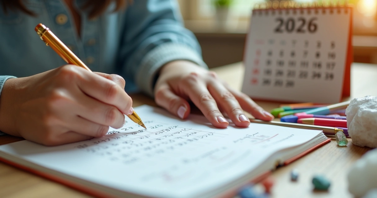 Mãos femininas escrevendo cálculos numerológicos em caderno com caneta 