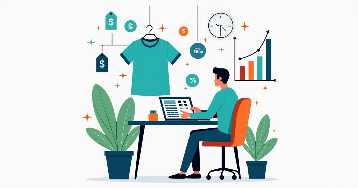 Ilustração corporativa de uma pessoa calculando precificação de camisetas personalizadas com gráficos e tabelas ao redor 