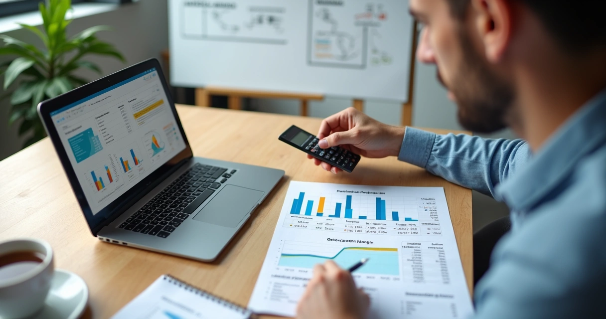 Empreendedor calculando preço de custo e venda em planilha com gráficos financeiros 