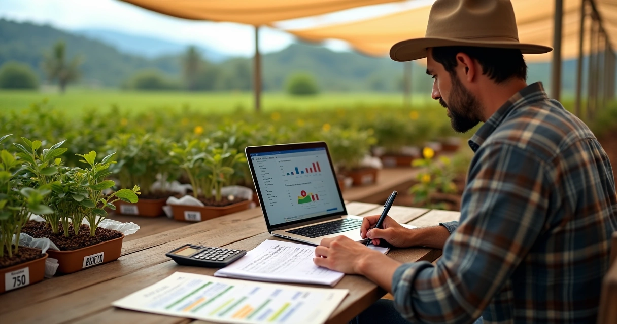Produtor calculando preço de mudas de café e cacau em viveiro organizado 