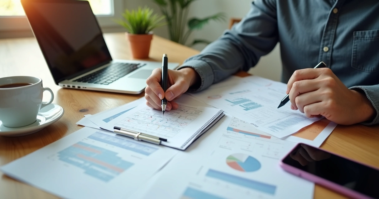 Pessoa fazendo cálculo de preço para produto de dropshipping com laptop, anotações e planilhas.