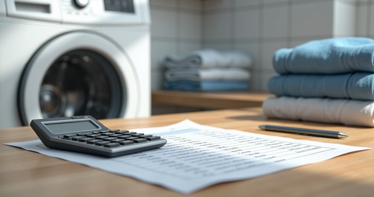 Máquina de lavar roupa profissional com calculadora e planilha de custos sobre mesa de madeira 