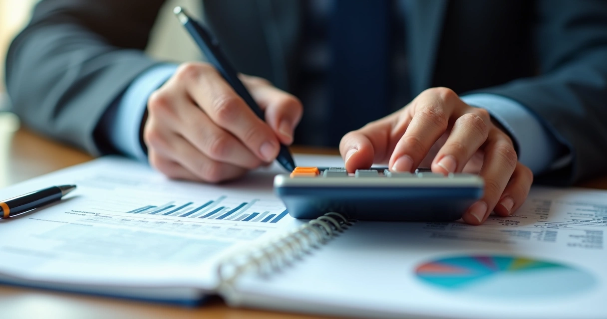 Homem usando calculadora e anotações para calcular preço de venda