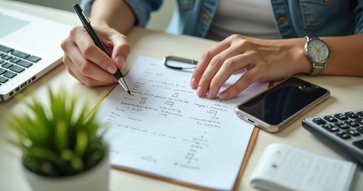 Lojista calculando preço de venda com celular e caderno 