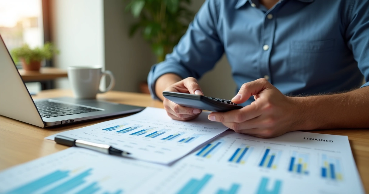 Homem calculando preço de serviço em uma mesa de escritório