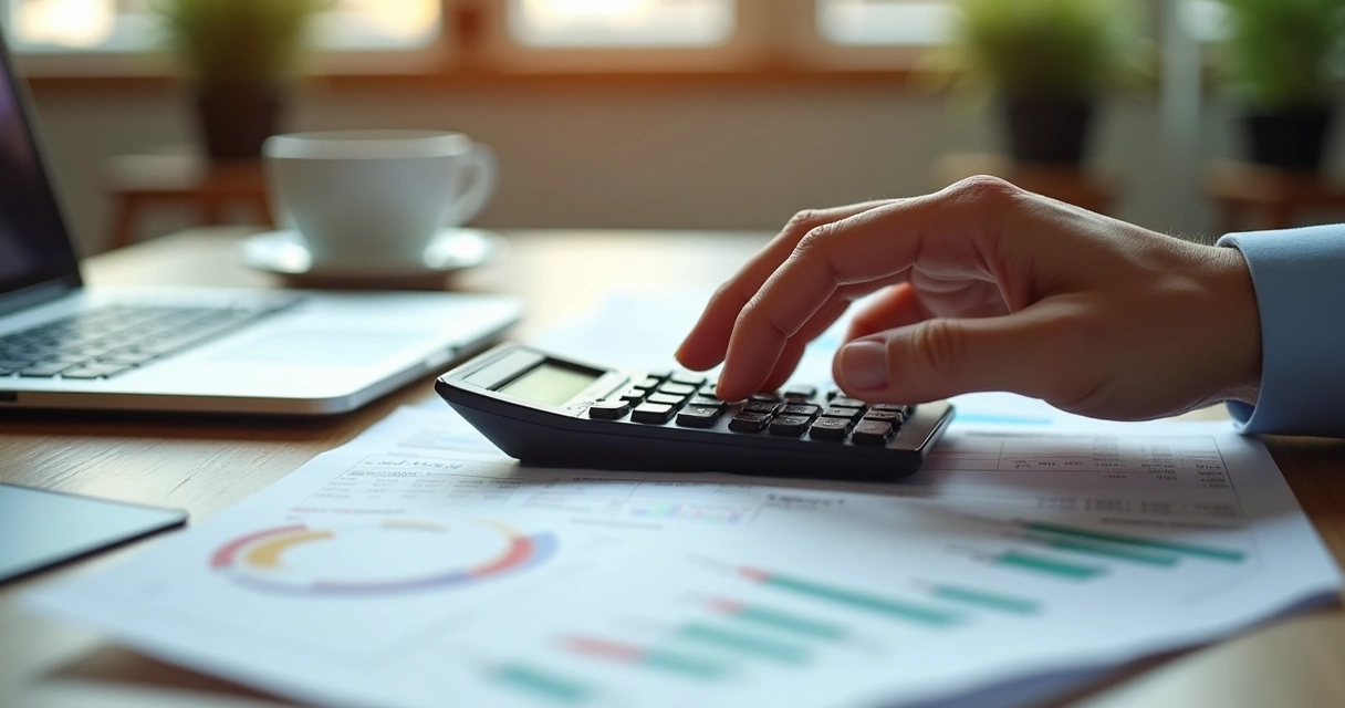 Pessoa calculando pró-labore em uma mesa de escritório com documentos e calculadora 