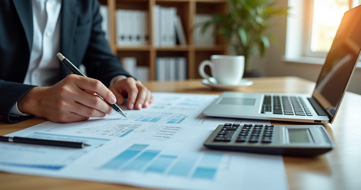 Sócio-administrador calculando pró-labore em escritório moderno com laptop e documentos financeiros organizados 