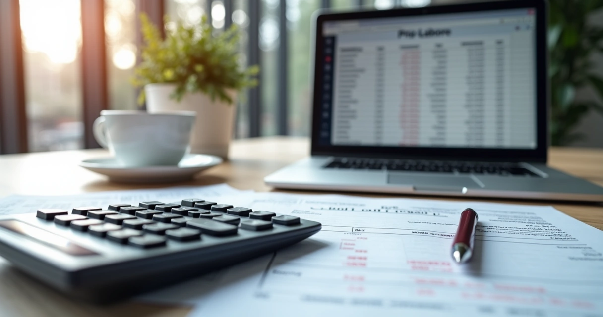 Mesa de escritório com calculadora, documentos financeiros e laptop mostrando cálculo de pró-labore 