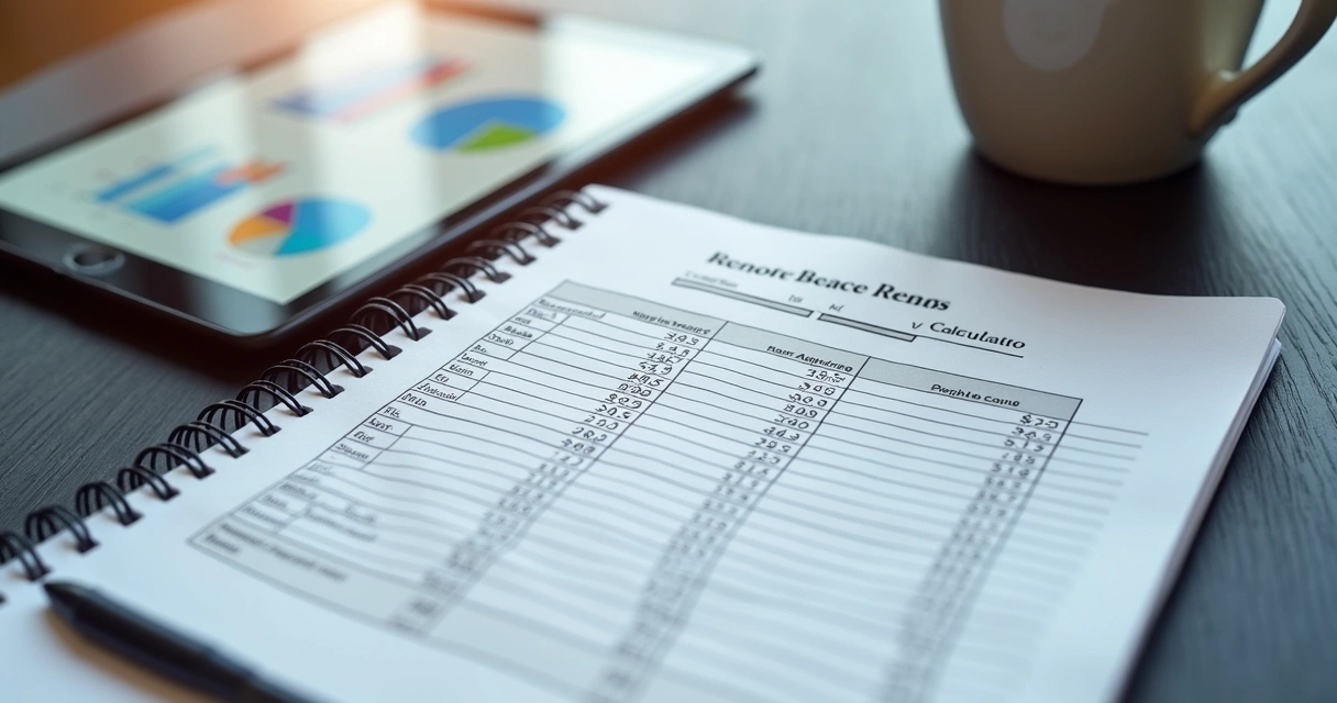 Planilha digital aberta em notebook mostra cálculo de reajuste de aluguel; ao fundo, aparece caneca de café e tablet com gráficos