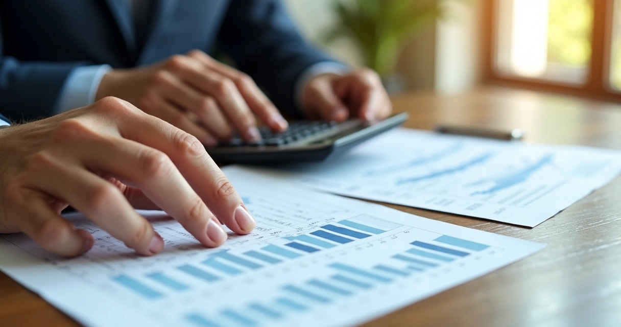 Mãos calculando reajuste de aluguel com calculadora e contrato com gráficos financeiros ao fundo 