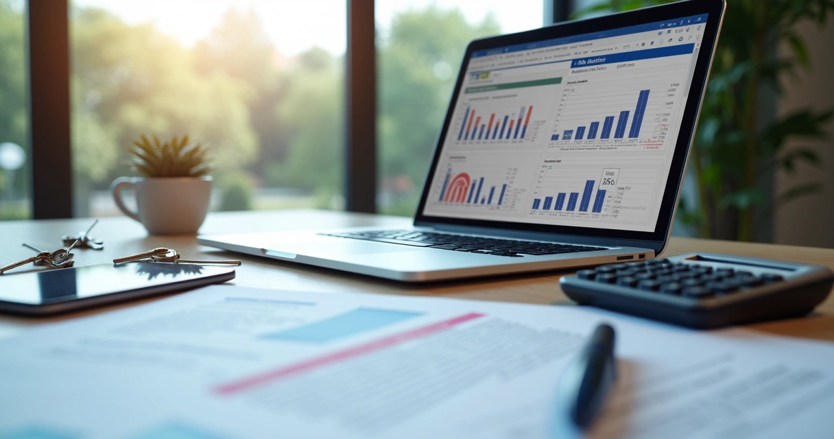 Cálculo do reajuste de aluguel com planilhas, gráficos e contratos digitais em ambiente de escritório moderno 