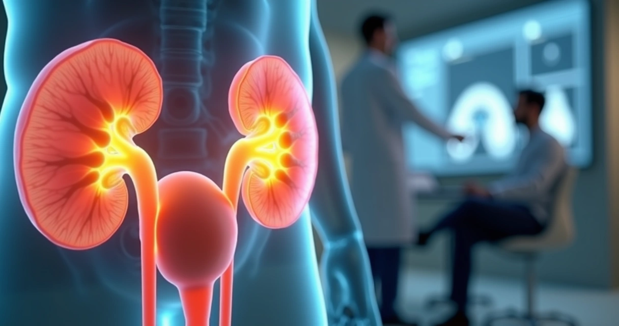 Ilustração 3D de rins humanos com destaque para cálculo renal e vias urinárias em consultório médico 