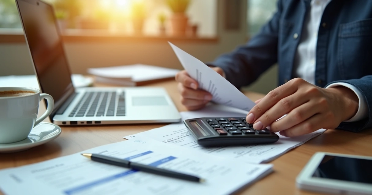 Mãos segurando calculadora e anotações de finanças pessoais em ambiente de escritório 