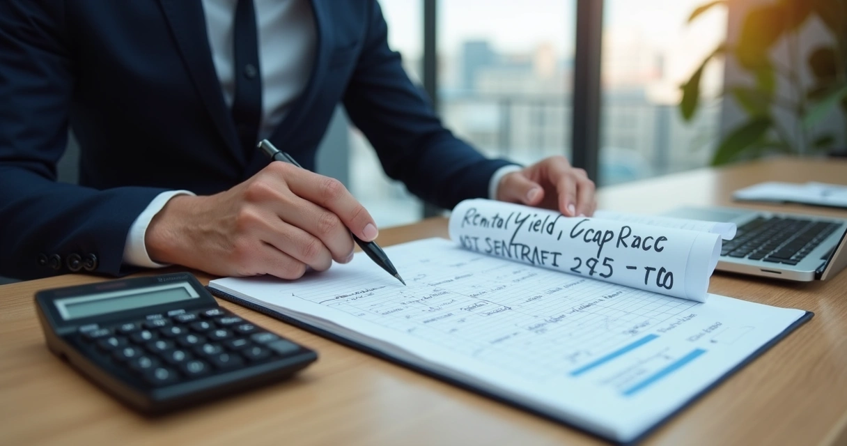 Homem segurando planilha com fórmula de cap rate e calculadora ao lado 