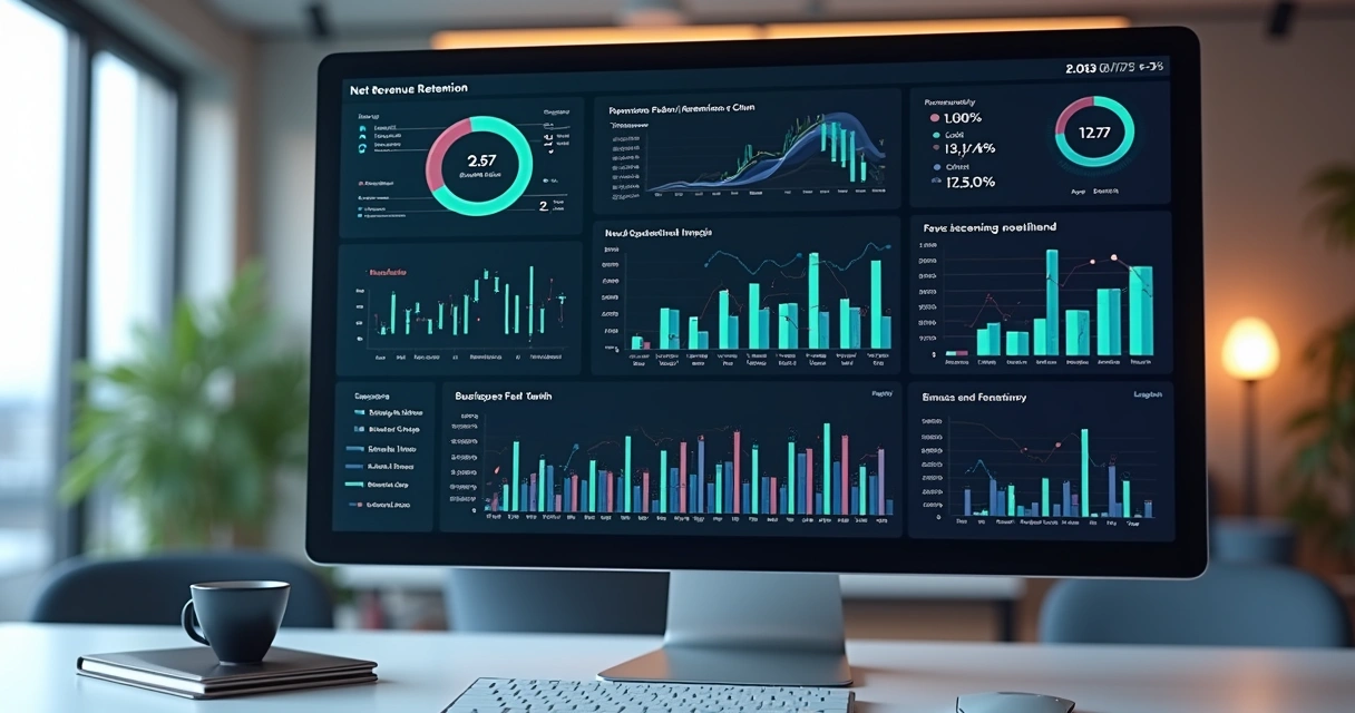 Dashboard digital exibindo métricas de retenção de receita líquida com gráficos coloridos e indicadores financeiros detalhados 