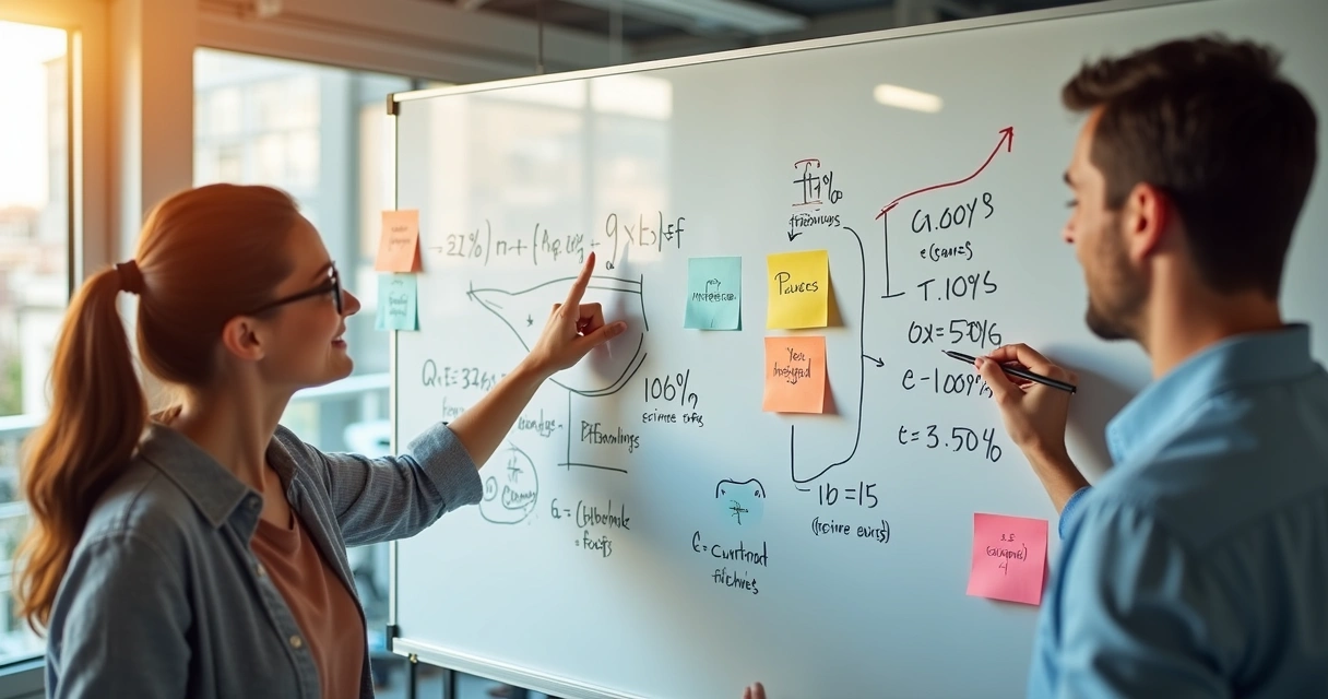 Cálculo sendo feito em um quadro branco, mostrando números, percentuais e gráficos ao redor. 