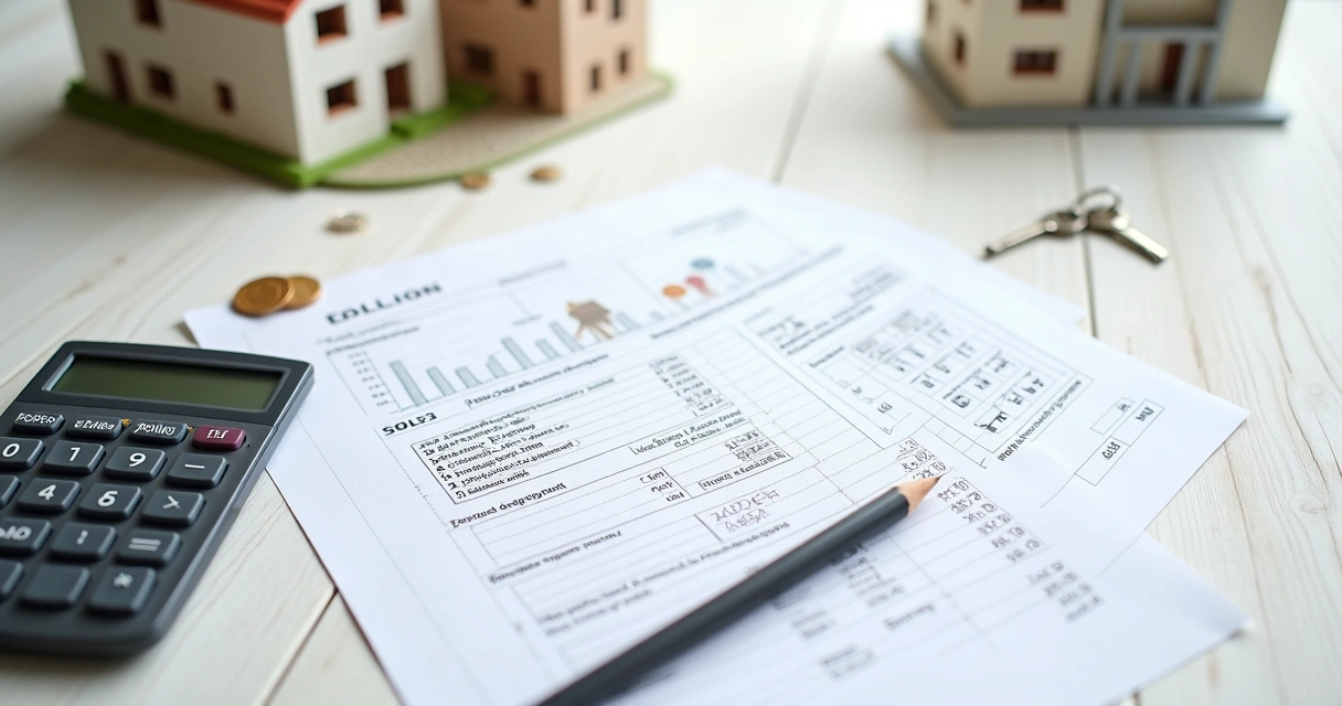 Cálculo de ROI em imóvel de leilão, com contas e ilustrações de imóveis 