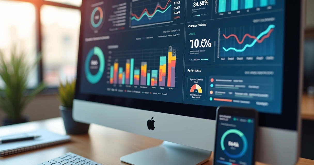 Tela de computador mostrando gráficos de desempenho e cálculo de ROAS em campanha digital 