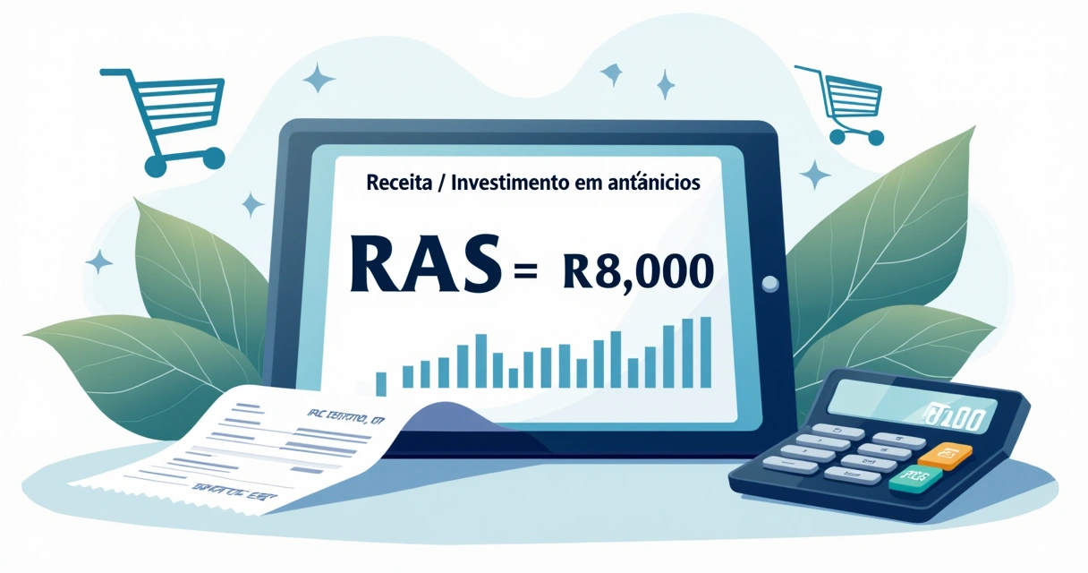 Fórmula de ROAS ao lado de exemplos de vendas de loja virtual 