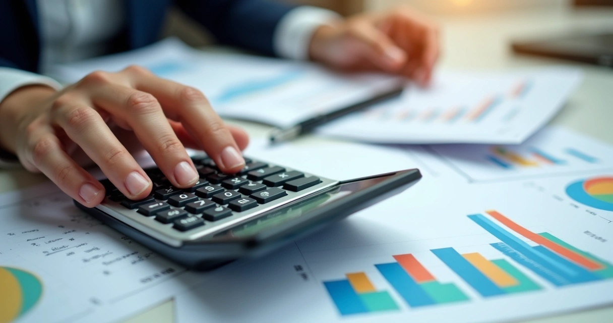 Pessoa usando calculadora para calcular ROI de campanha com gráficos ao fundo 