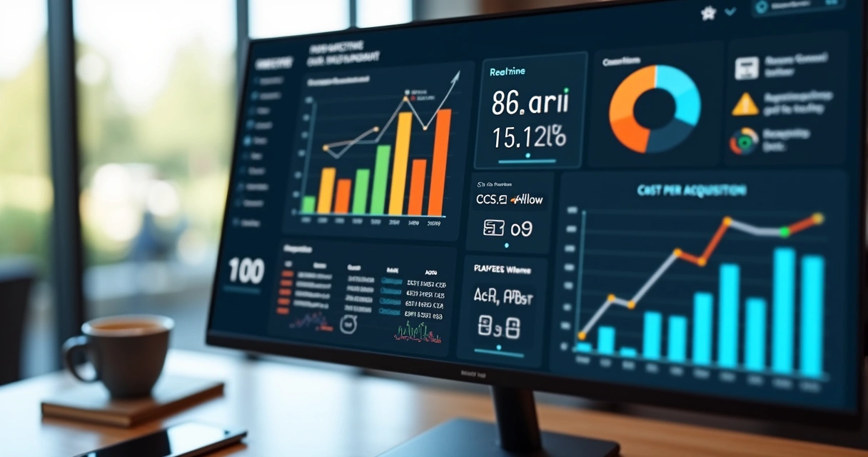 Tela de computador mostrando gráfico de ROI e métricas de marketing digital detalhadas 