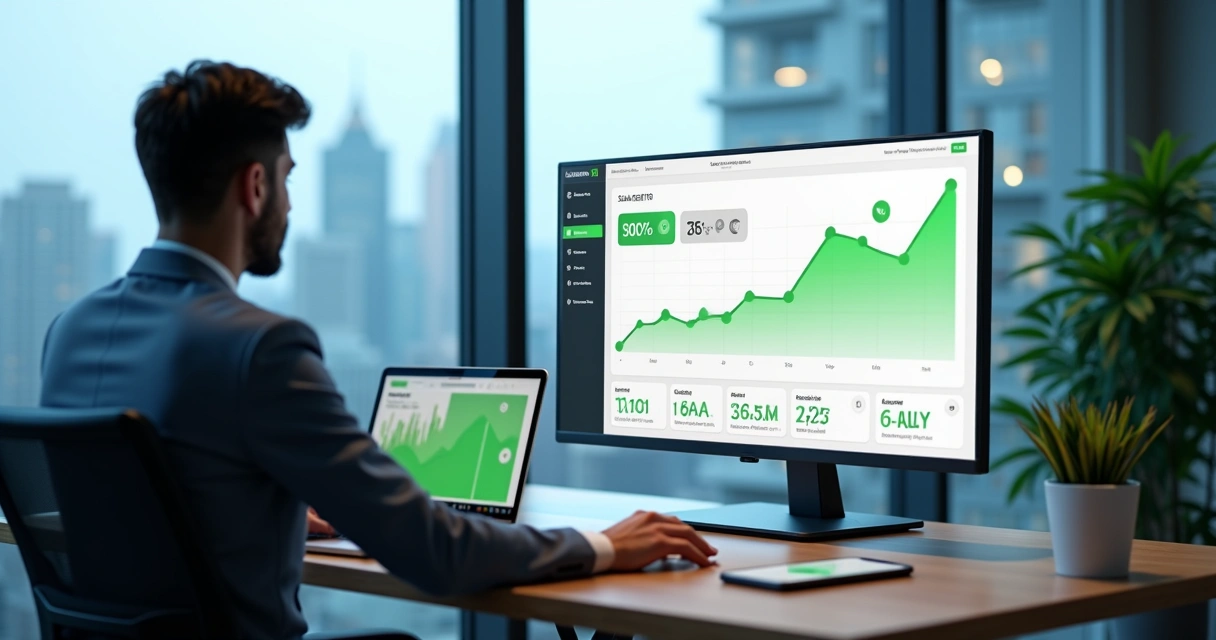 Tela com gráfico de ROI em destaque e gestor analisando dados de mídia paga 