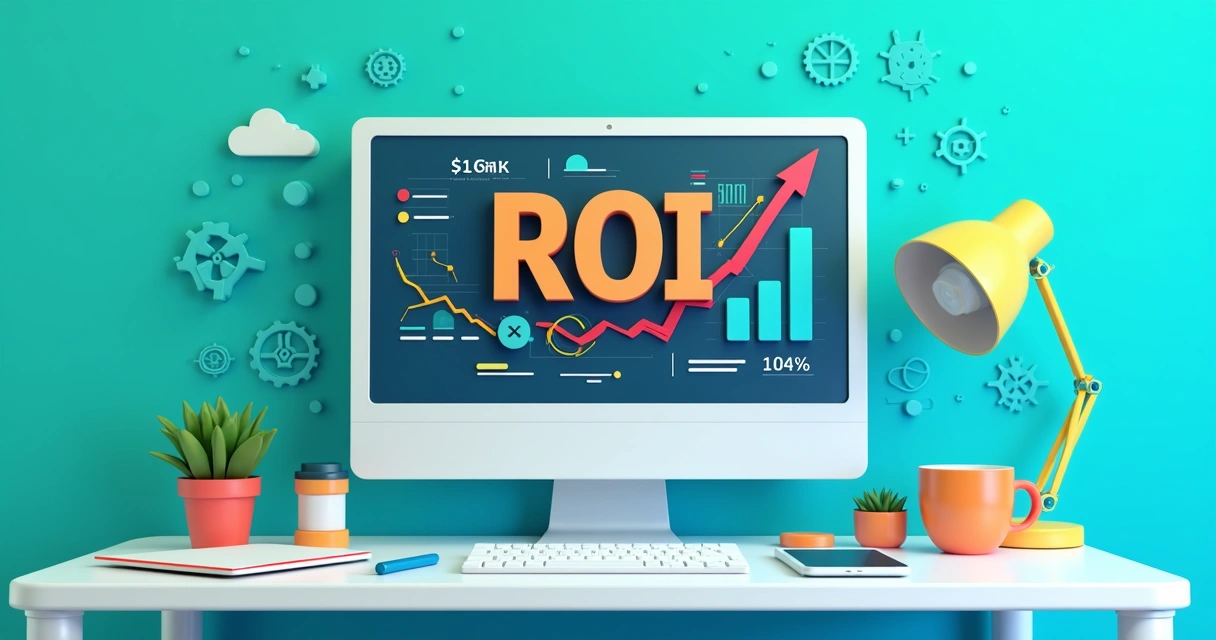 Ilustração mostra gráfico com cálculos de ROI em tecnologia sobre um fundo de escritório digital 