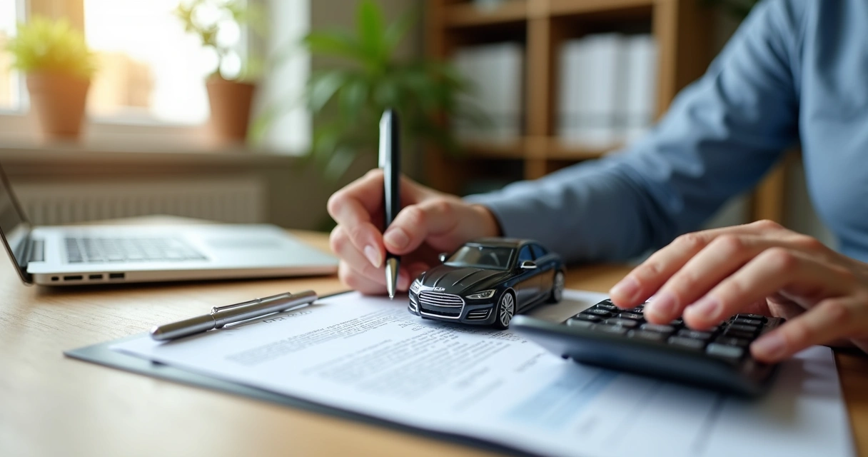 Pessoa calculando em uma calculadora com um carro em miniatura e contrato de seguro sobre a mesa 