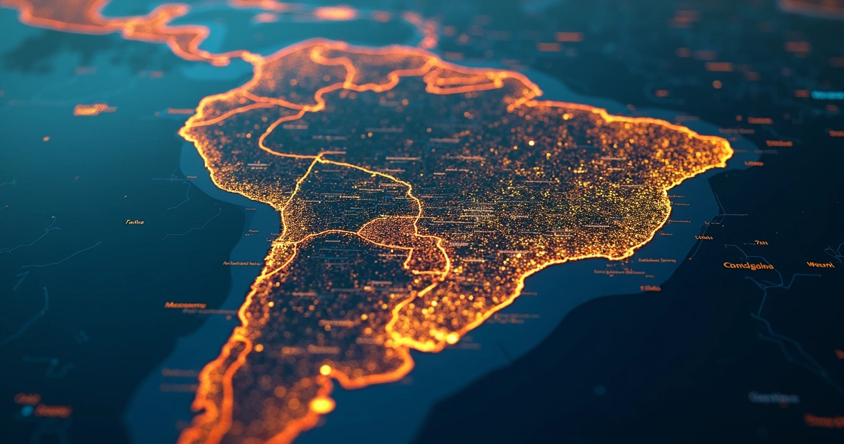 Mapa digital indicando áreas de mercado e gráficos de TAM para tecnologia 