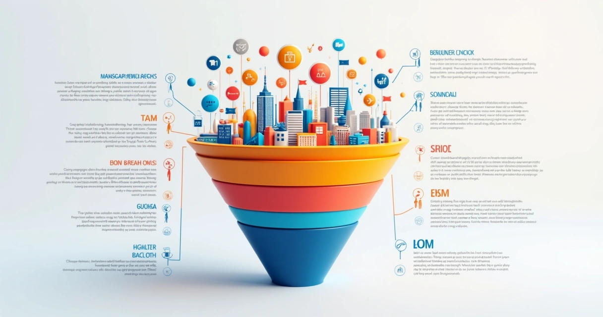 Infográfico colorido mostrando funil de TAM, SAM, SOM com empresas representadas 