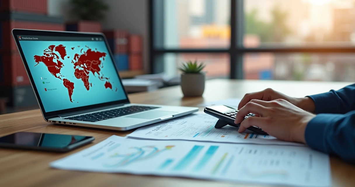 Mesa com documentos, calculadora e laptop mostrando gráficos de importação da China para Brasil 