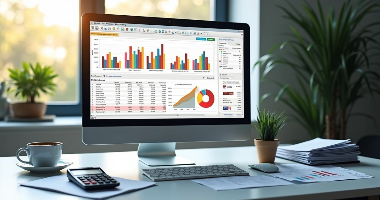 Tela de computador mostrando cálculo detalhado de taxas de cartão para Shopify com gráficos financeiros e planilhas ao lado 