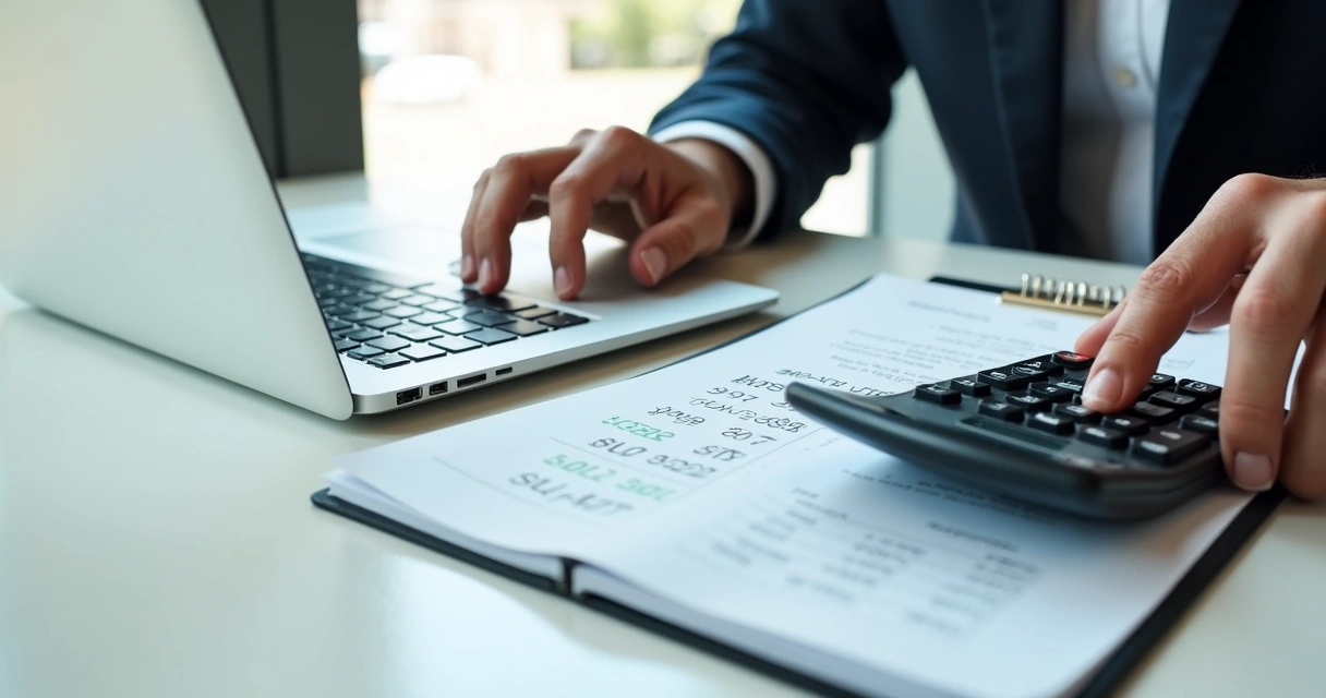 Pessoa simulando custo e taxa de venda em marketplace, usando calculadora e bloco de notas