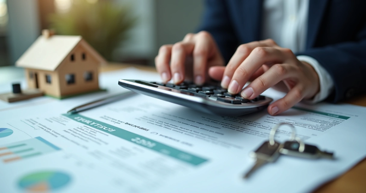 Pessoa com calculadora ao lado de contratos de imóvel, destacando cálculo de impostos.