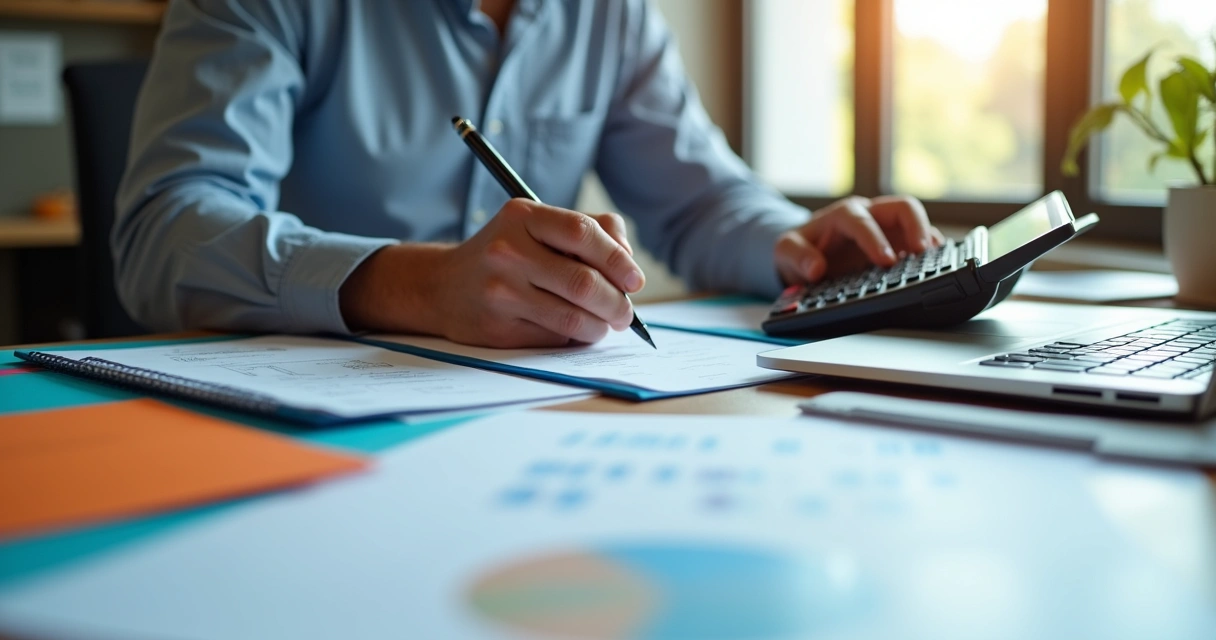 Contador realizando cálculos fiscais em mesa com papéis e calculadora 